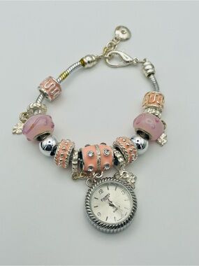 Pink Enamel Rhinestone Beaded Charm Bracelet with Watch Pendant. 8 inches
